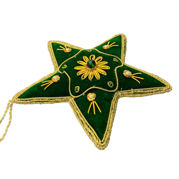 Zari Green Star Christmas Ornament, Zardozi Embroidery, Gift Bag - Picture 3 of 6